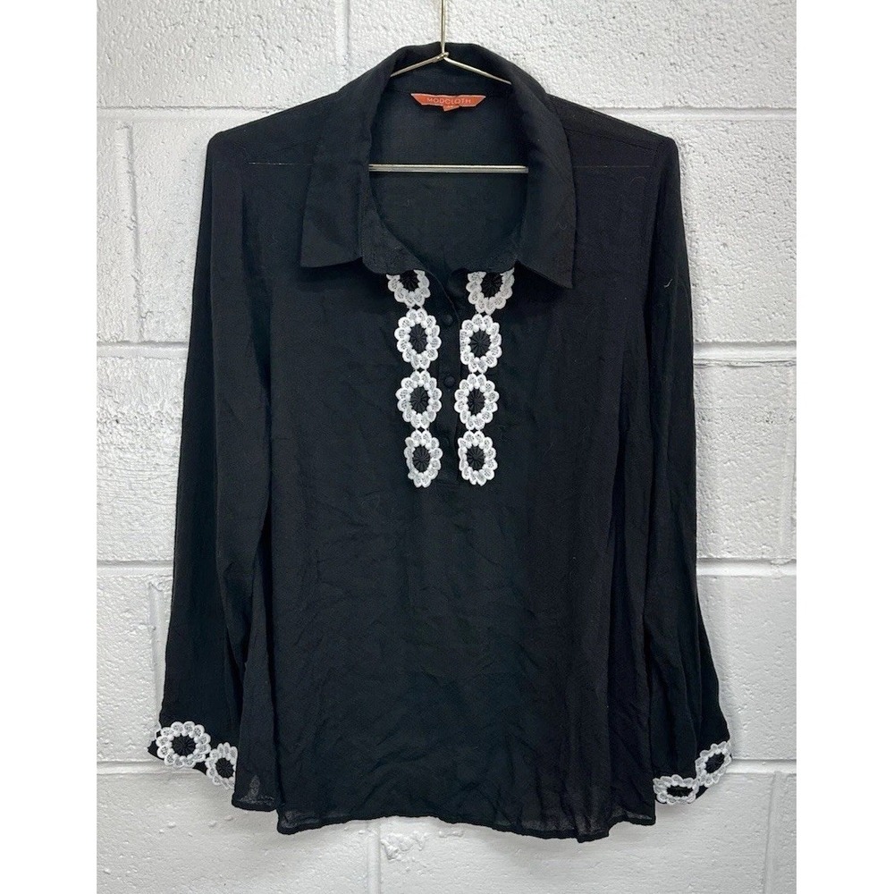 ModCloth Black & White Embroidered Victorian Floral LS Collared Blouse / Size 1X